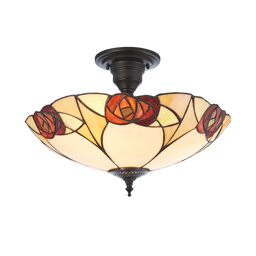Ingram 3 Lights Tiffany Glass Semi Flush Light In Satin Black