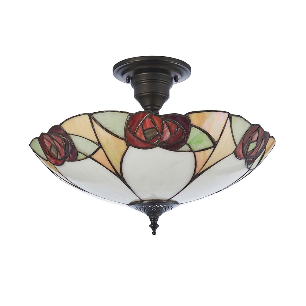 Ingram 3 Lights Tiffany Glass Semi Flush Light In Satin Black