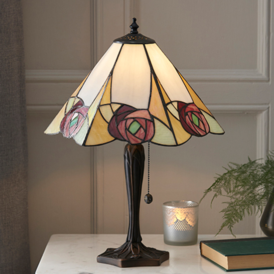 Photo of Ingram medium tiffany glass table lamp in dark bronze