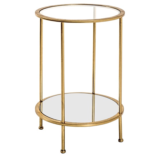 Photo of Inman round mirrored glass side table in gold with undershelf