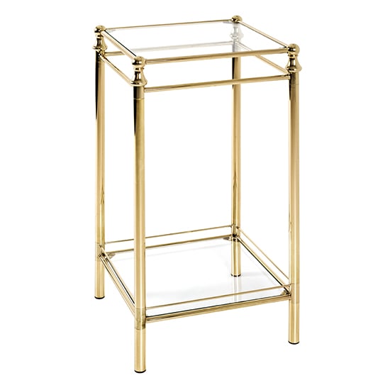 Product photograph of Inman Tall Square Clear Glass Side Table In Brass from Furniture in Fashion