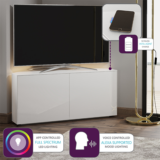 Intel Corner LED TV Stand In White Gloss With Wireless Charging_4