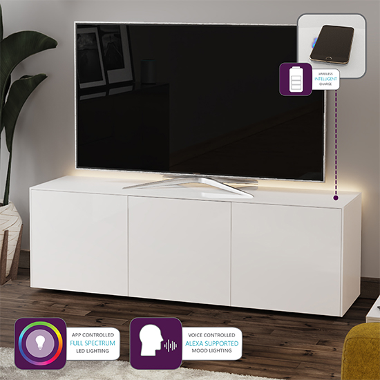Intel Large LED TV Stand In White Gloss With Wireless Charging_4