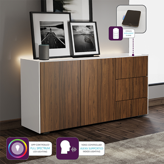 Intel LED Sideboard In White And Walnut With Wireless Charging_4
