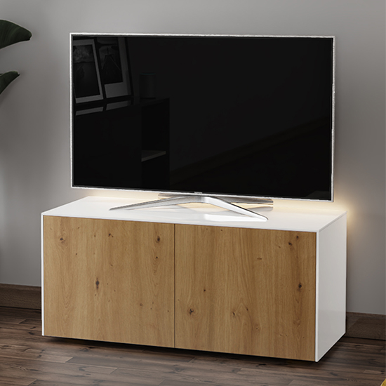 Read more about Intel led tv stand in white and oak with wireless charging