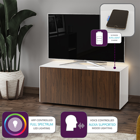 Intel LED TV Stand In White And Walnut With Wireless Charging ...