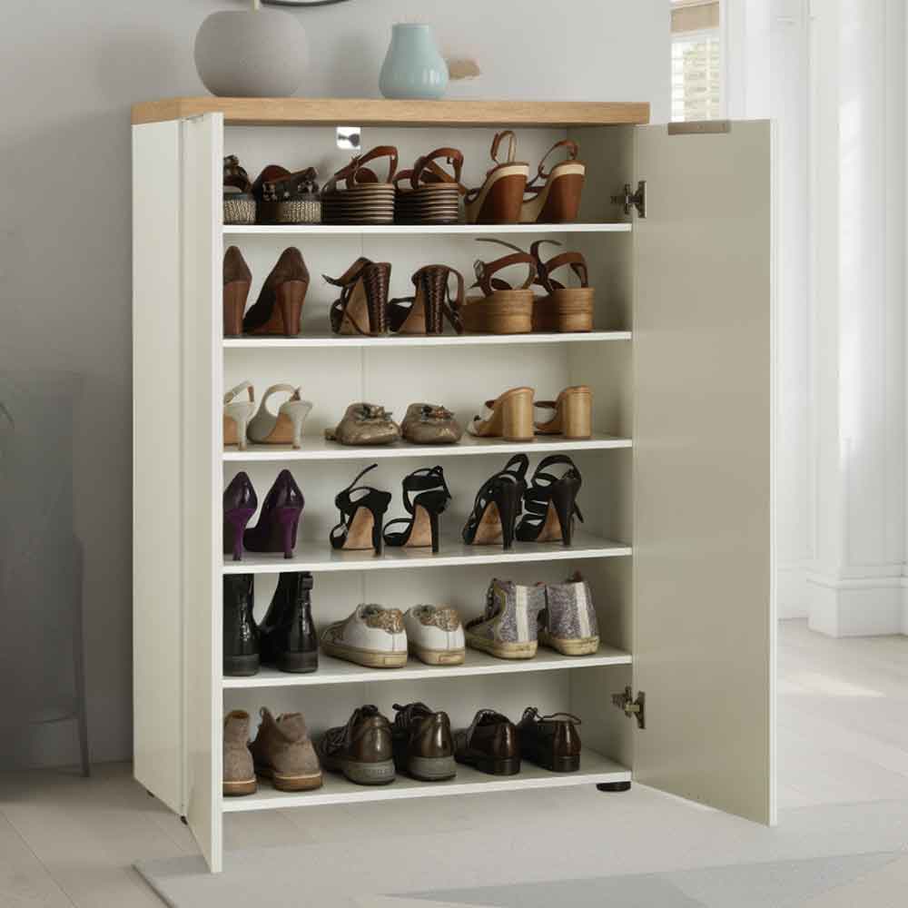 Inverness High Gloss Shoe Cabinet With 2 Doors And Oak Top In White