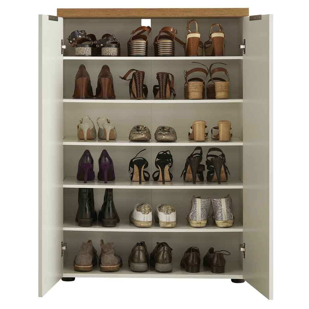 Inverness High Gloss Shoe Cabinet With 2 Doors And Oak Top In White