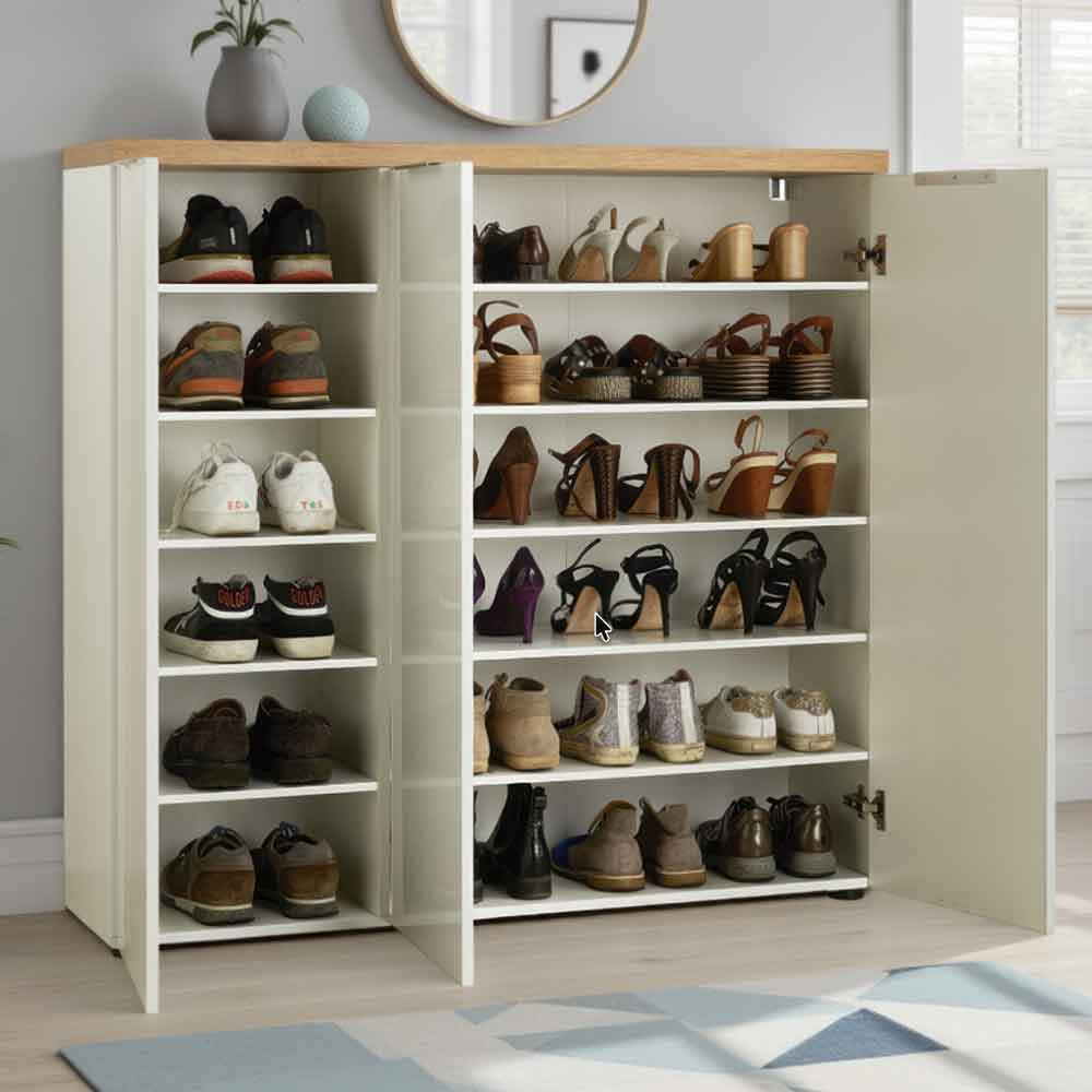 Inverness High Gloss Shoe Cabinet With 3 Doors And Oak Top In White