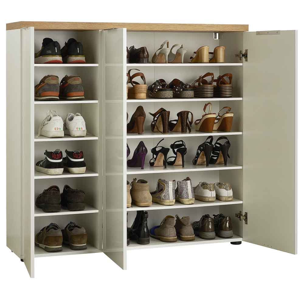 Inverness High Gloss Shoe Cabinet With 3 Doors And Oak Top In White
