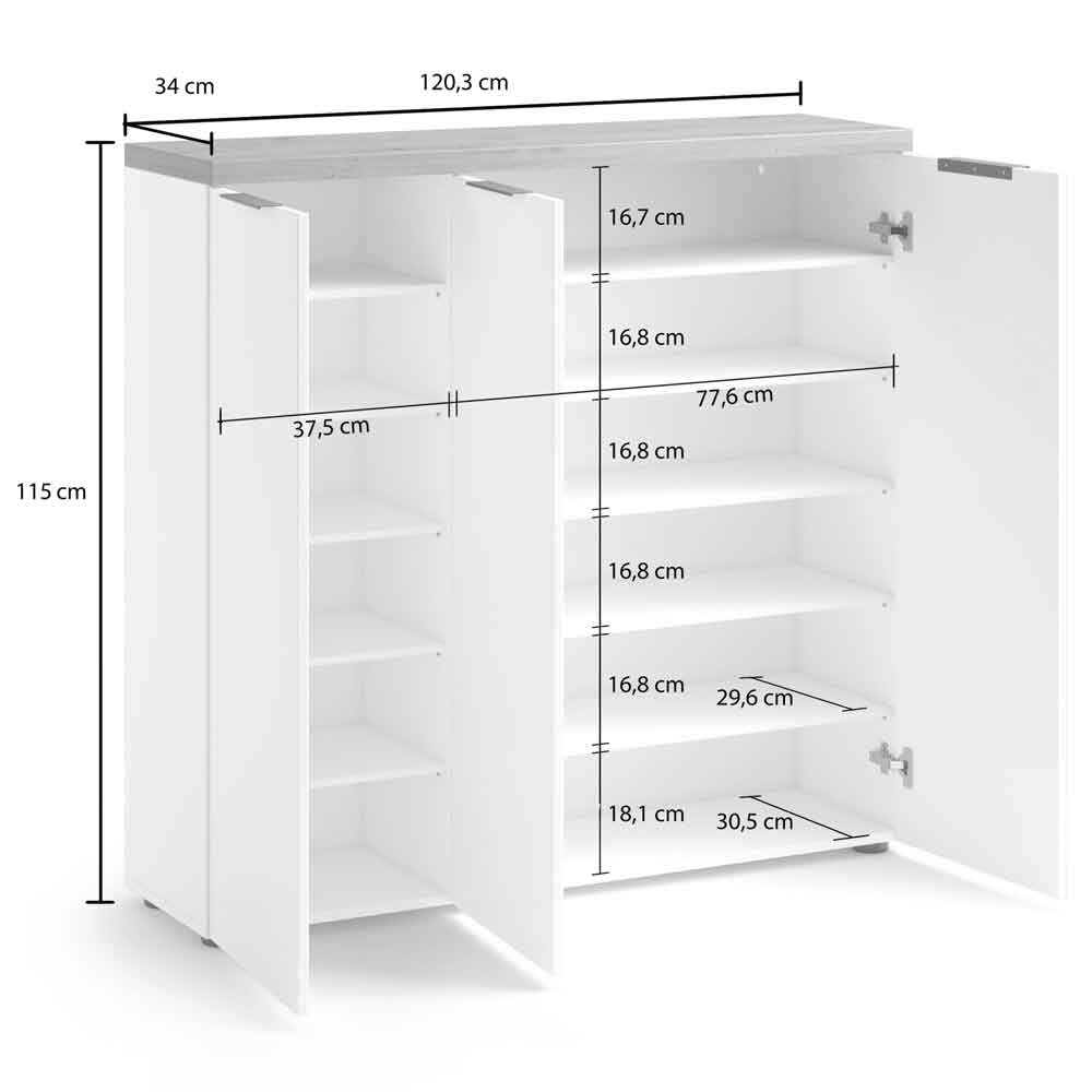 Inverness High Gloss Shoe Cabinet With 3 Doors And Oak Top In White