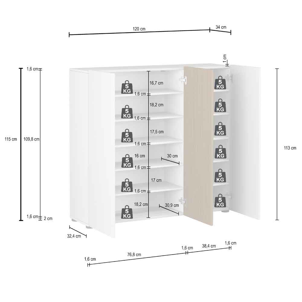 Inverness High Gloss Shoe Cabinet With 3 Doors In White And Oak