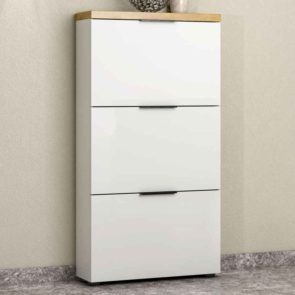 Inverness High Gloss Shoe Cabinet With 3 Flaps And Oak Top In White