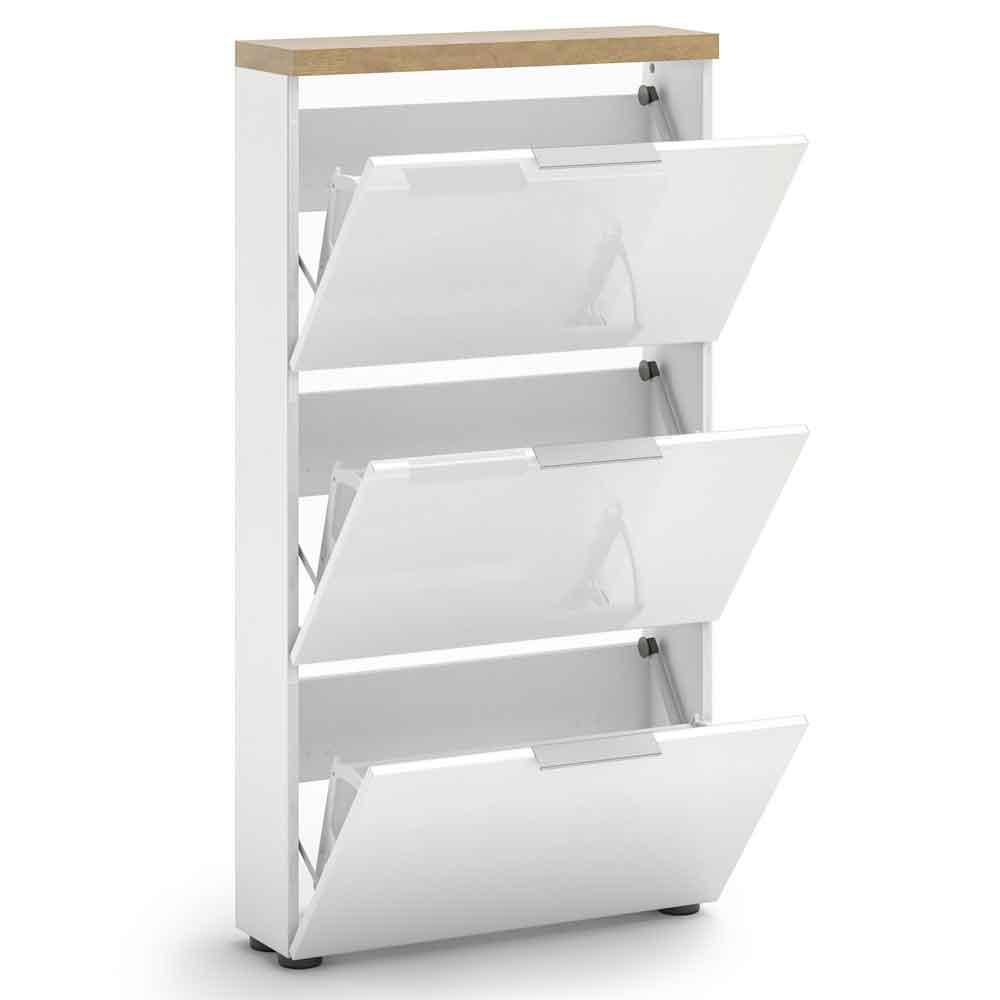 Inverness High Gloss Shoe Cabinet With 3 Flaps And Oak Top In White