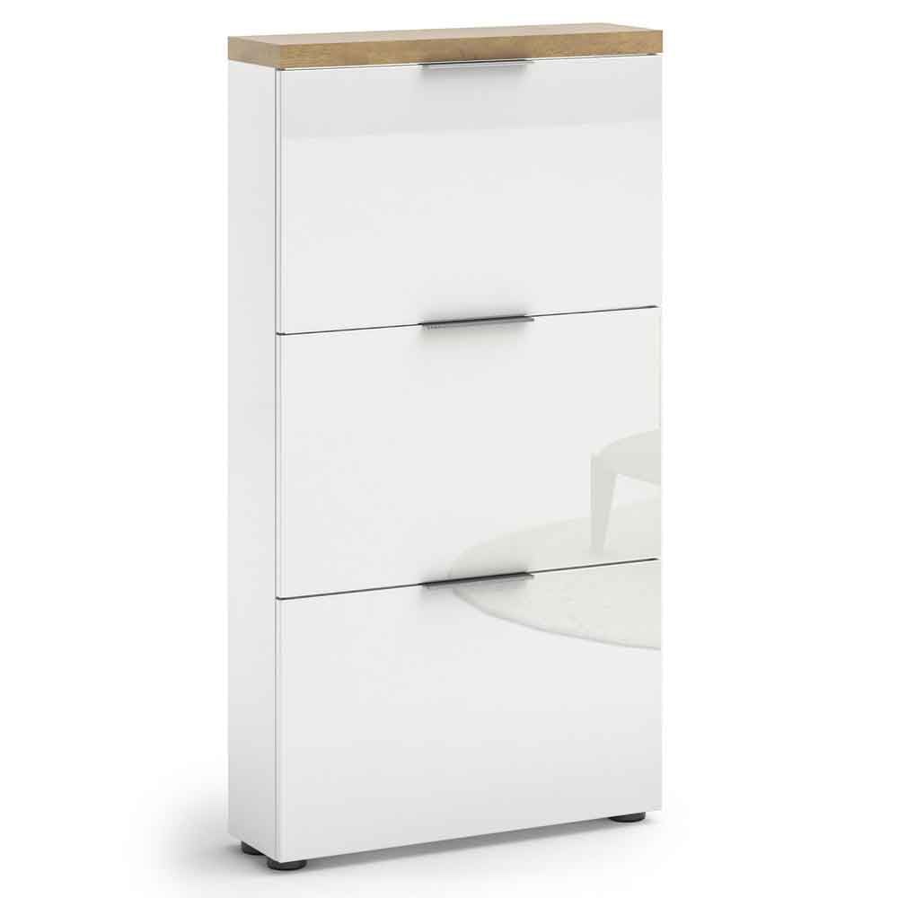 Inverness High Gloss Shoe Cabinet With 3 Flaps And Oak Top In White