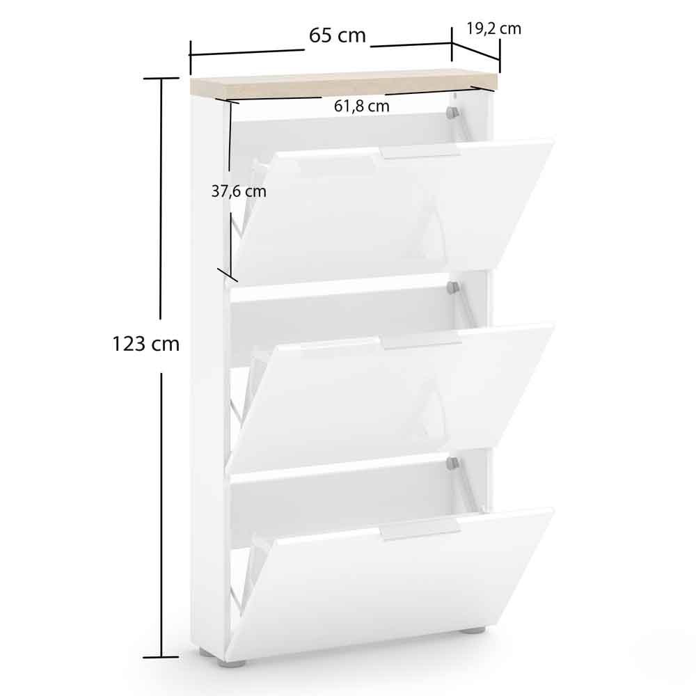 Inverness High Gloss Shoe Cabinet With 3 Flaps And Oak Top In White