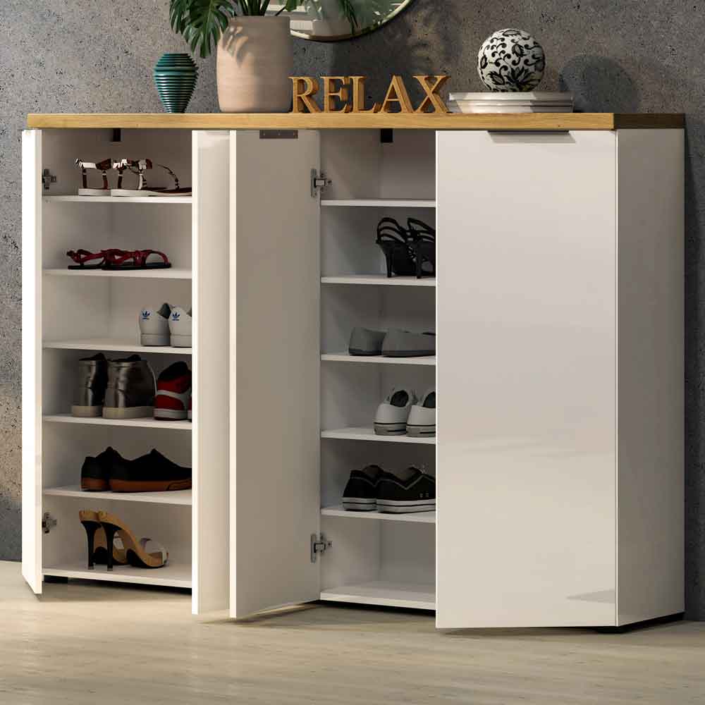 Inverness High Gloss Shoe Cabinet With 4 Doors And Oak Top In White