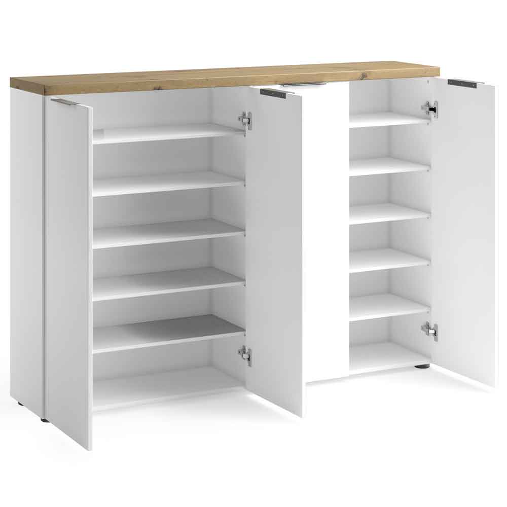 Inverness High Gloss Shoe Cabinet With 4 Doors And Oak Top In White