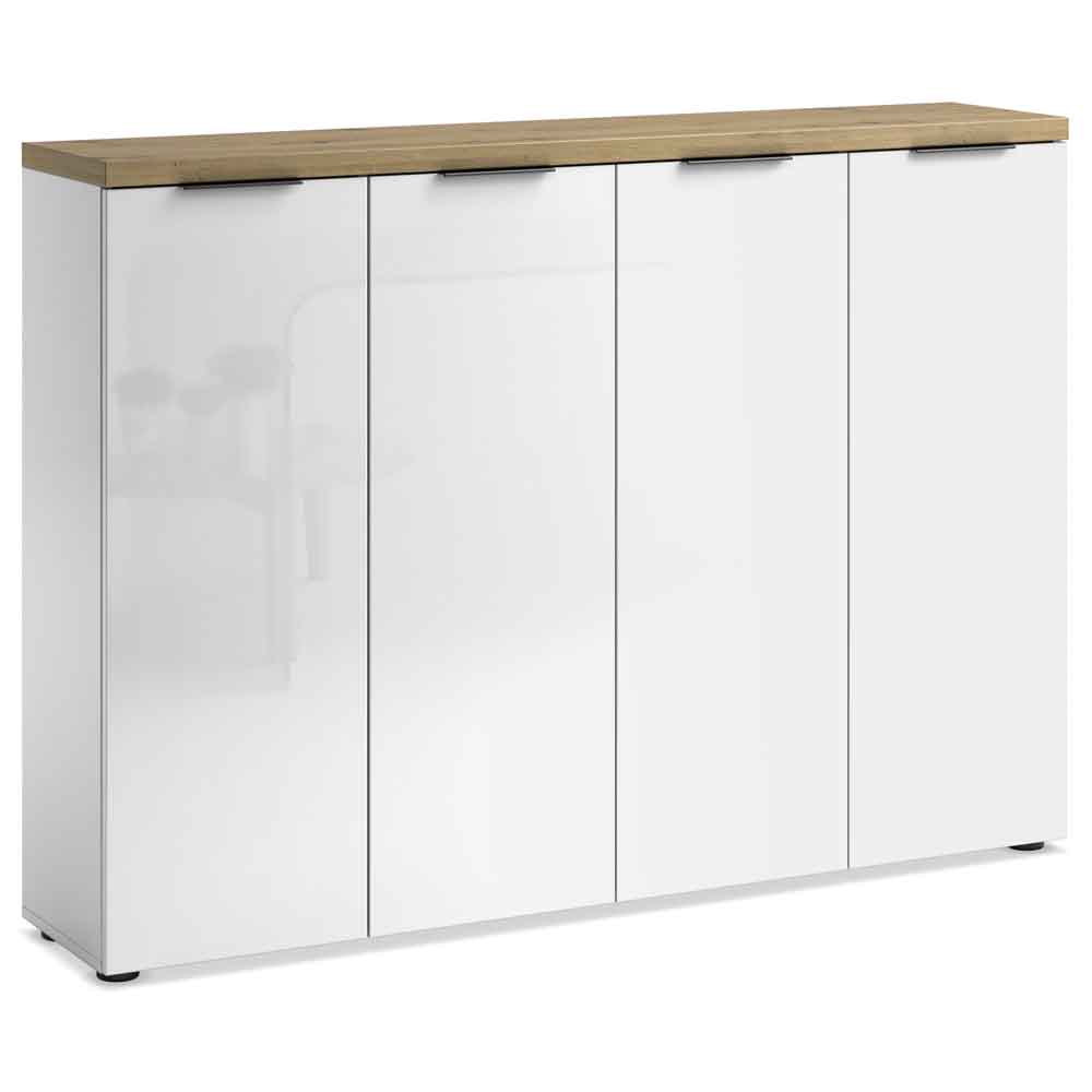 Inverness High Gloss Shoe Cabinet With 4 Doors And Oak Top In White