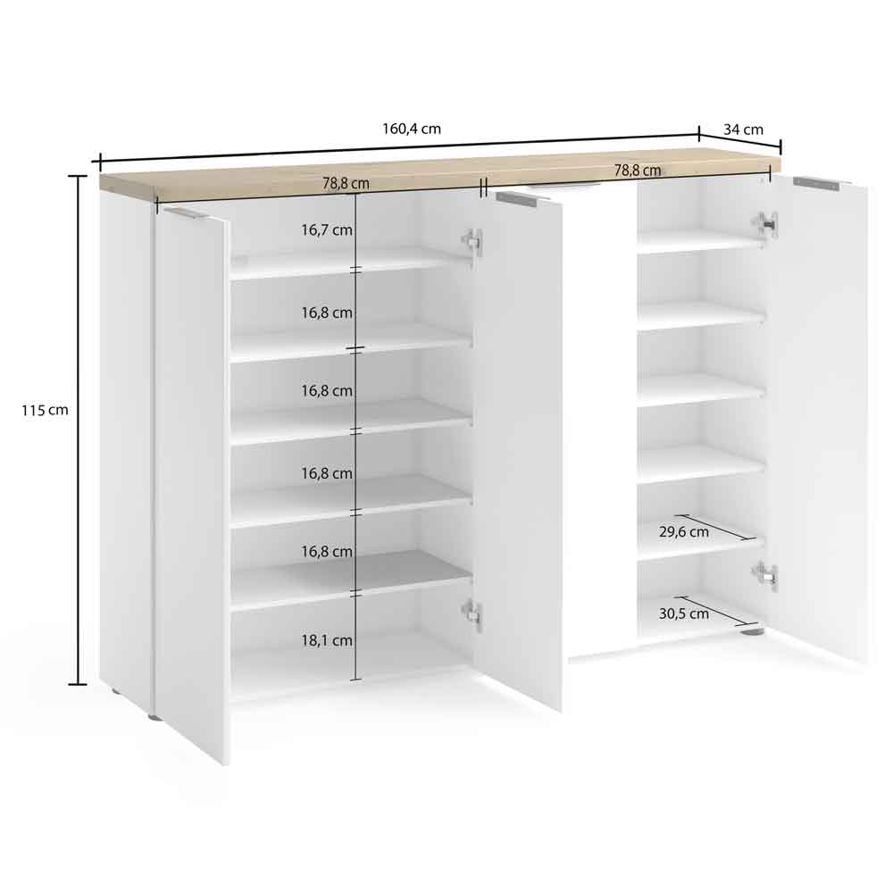 Inverness High Gloss Shoe Cabinet With 4 Doors And Oak Top In White