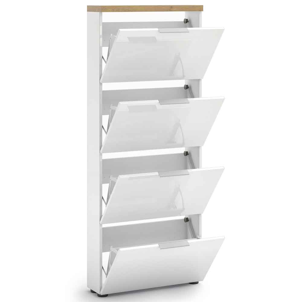 Inverness High Gloss Shoe Cabinet With 4 Flaps And Oak Top In White