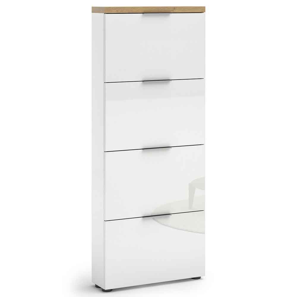 Inverness High Gloss Shoe Cabinet With 4 Flaps And Oak Top In White