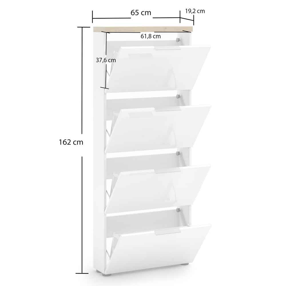 Inverness High Gloss Shoe Cabinet With 4 Flaps And Oak Top In White