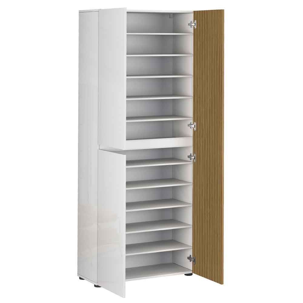 Inverness High Gloss Tall Shoe Cabinet With 3 Doors In White And Oak