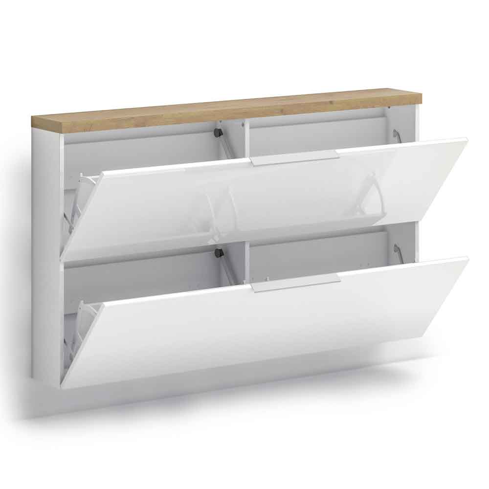 Inverness High Gloss Wall Hung Shoe Cabinet With 2 Flaps In White And Oak