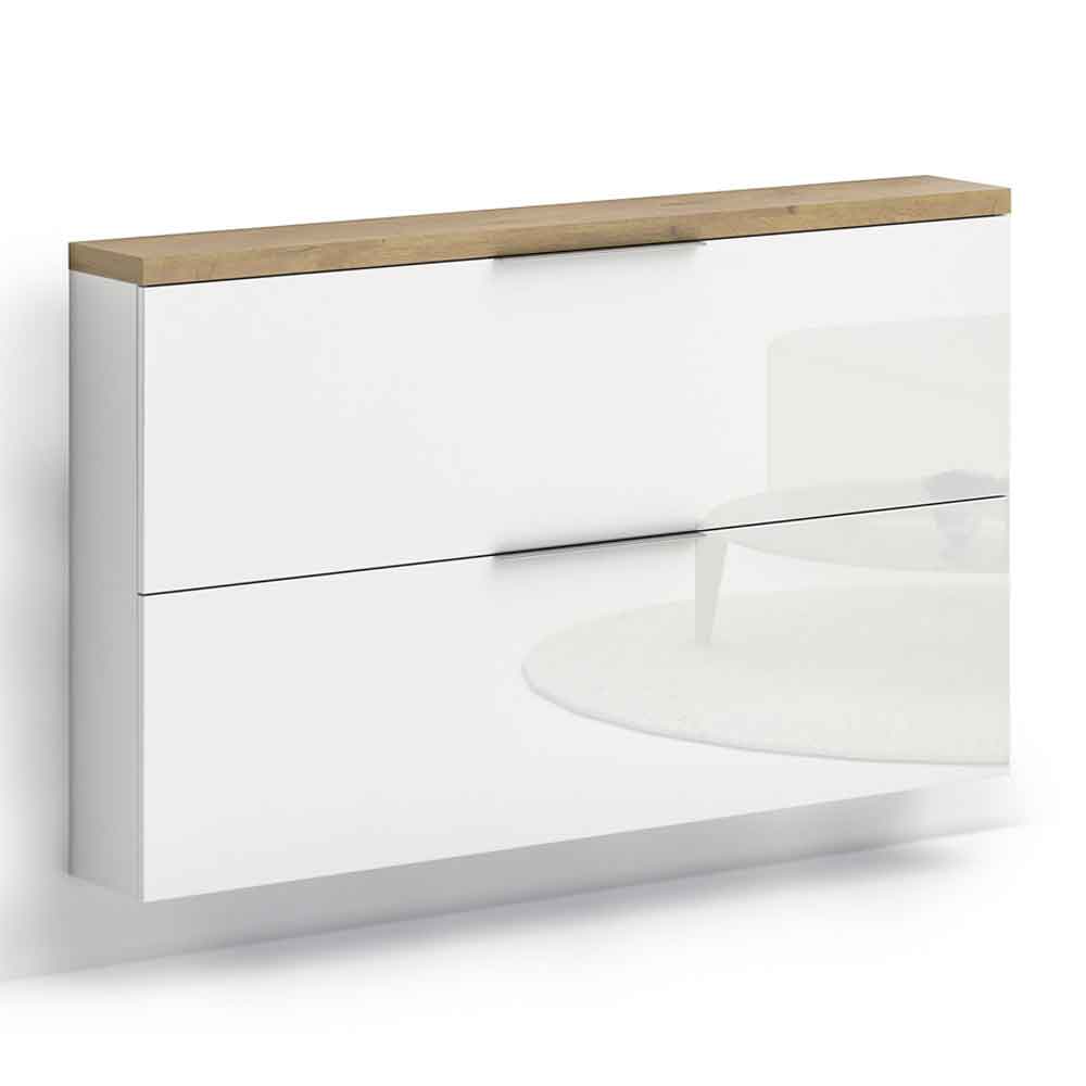 Inverness High Gloss Wall Hung Shoe Cabinet With 2 Flaps In White And Oak