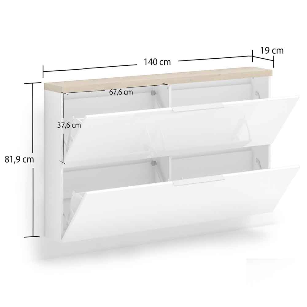 Inverness High Gloss Wall Hung Shoe Cabinet With 2 Flaps In White And Oak