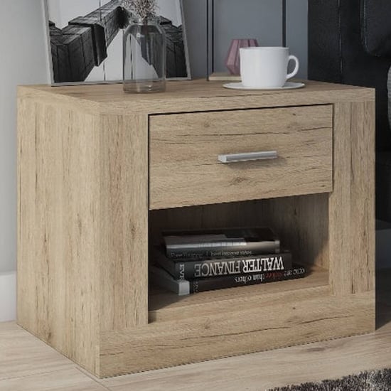 Product photograph of Ionia Wooden Bedside Cabinet With 1 Drawer In San Remo Oak from Furniture in Fashion