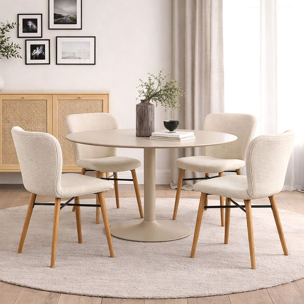 Ionia Beige Wooden Dining Table with 4 Bangor Fabric Cream Chairs