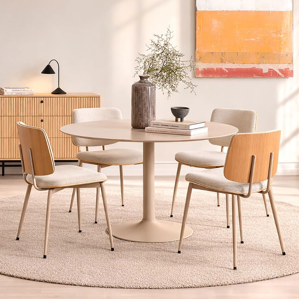 Ionia Beige Wooden Dining Table with 4 Owasso Fabric Beige Chairs