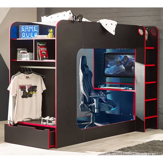 Photo of Ionia bunk bed with gaming computer desk in black and red