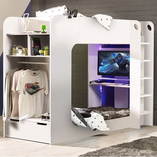 Product photograph of Ionia Bunk Bed With Gaming Computer Desk In White from Furniture in Fashion