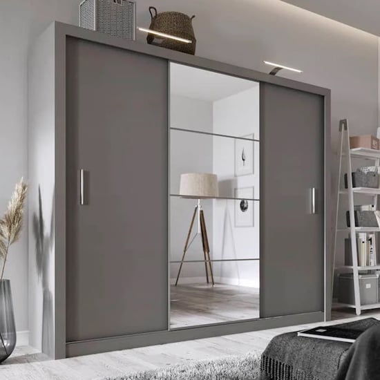 Product photograph of Ionia Wooden Wardrobe With Mirrored Sliding Door In Matt Grey from Furniture in Fashion
