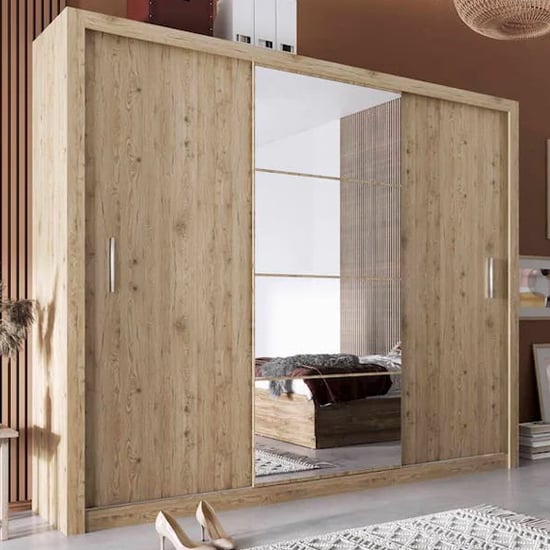 Product photograph of Ionia Wooden Wardrobe With Mirrored Sliding Door In San Remo Oak from Furniture in Fashion