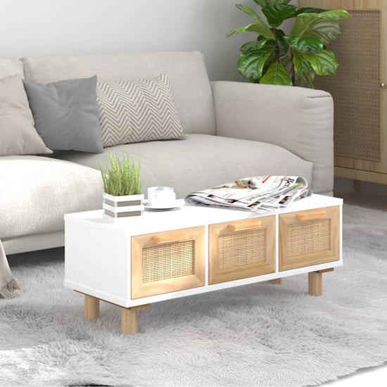 Product photograph of Alfy Coffee Table With 3 Drawers In White And Natural Rattan from Furniture in Fashion