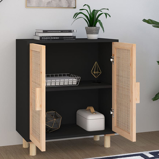 Alfy Wooden Sideboard With 2 Doors In Black And Natural Rattan