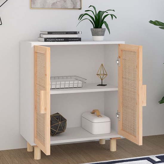 Alfy Wooden Sideboard With 2 Doors In White And Natural Rattan