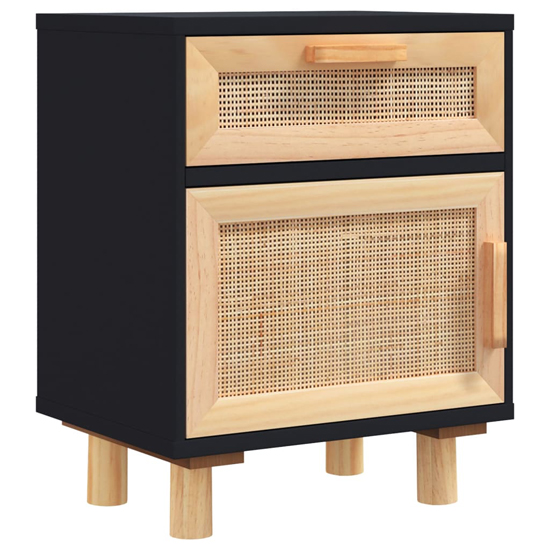 Alfy Wooden Bedside Cabinet In Black And Natural Rattan