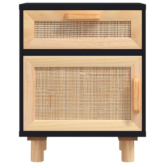 Alfy Wooden Bedside Cabinet In Black And Natural Rattan