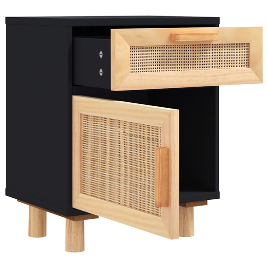 Alfy Wooden Bedside Cabinet In Black And Natural Rattan