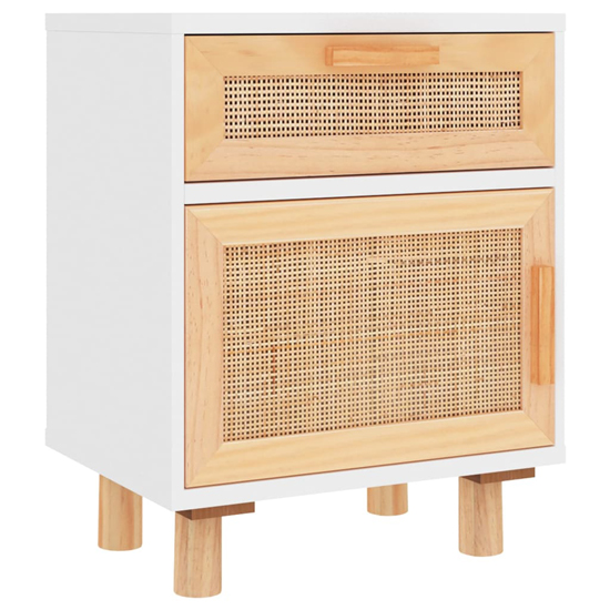Alfy Wooden Bedside Cabinet In White And Natural Rattan