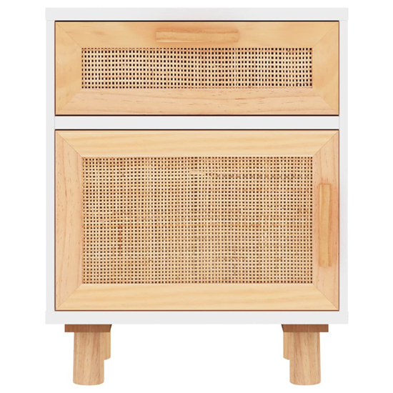 Alfy Wooden Bedside Cabinet In White And Natural Rattan