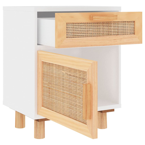 Alfy Wooden Bedside Cabinet In White And Natural Rattan