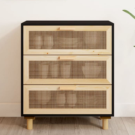 Read more about Alfy wooden chest of 3 drawers in black and natural rattan