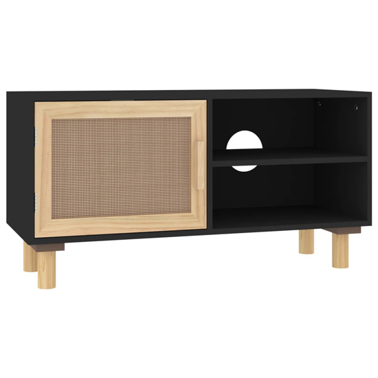 Alfy Wooden TV Stand With 1 Door In Black And Natural Rattan
