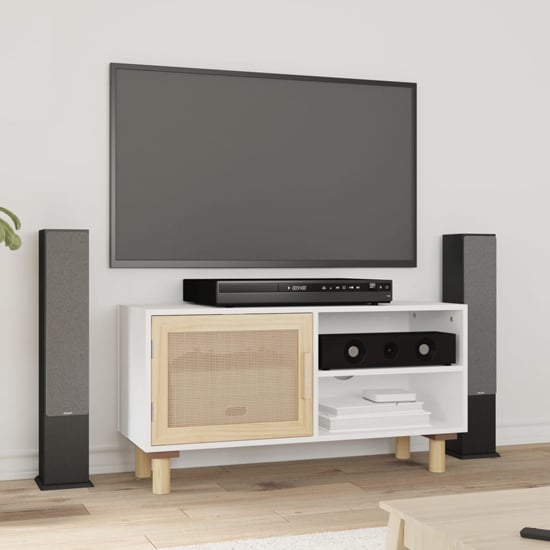Photo of Alfy wooden tv stand with 1 door in white and natural rattan
